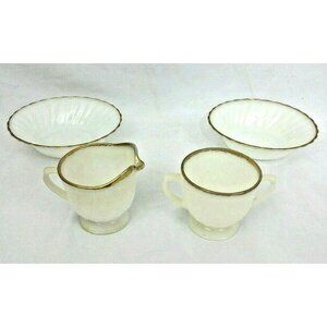 Anchor Hocking Fire King Milk Glass Swirl Gold Trim Cream & Sugar Bowls 4 Pc Set